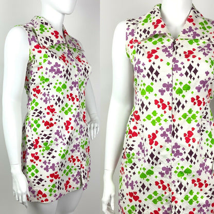 VTG 60s 70s WHITE RED GREEN PURPLE HEART SPADE CLUB DIAMOND MOD MINI DRESS 16