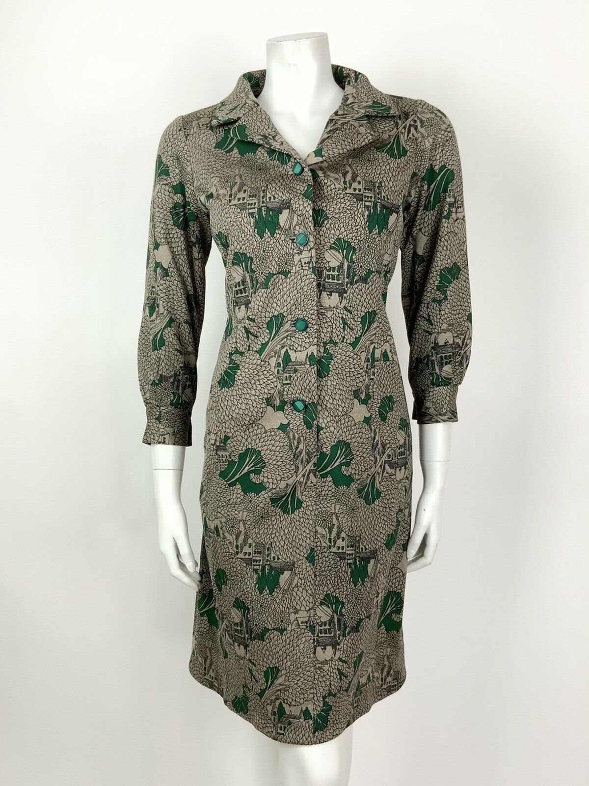 VINTAGE 60s 70s BROWN GREEN BLACK LEAF TREE CHURCH SHIRT DRESS 12