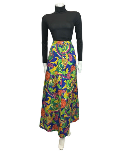 VINTAGE 60s 70s BLUE GREEN YELLOW PSYCHEDELIC FLORAL SWIRL MOD MAXI SKIRT 10