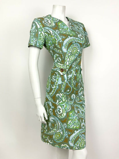 VINTAGE 60s 70s BLUE GREEN BROWN WHITE FLORAL PSYCHEDELIC PAISLEY DRESS 12 14