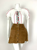 VTG 70s WHITE RED APPLE BLACK FLORAL EMBROIDERED PEASANT FOLK BLOUSE TOP 10 12