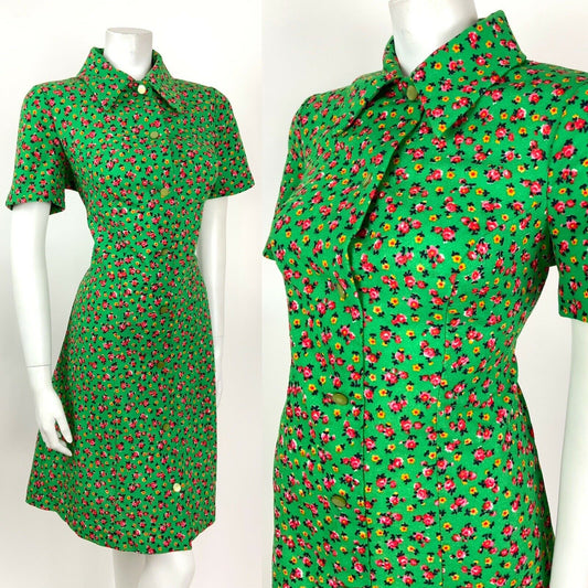 VINTAGE 60s 70s GREEN PINK RED YELLOW FLORAL DITSY DAGGER SHIRT DRESS 10 12