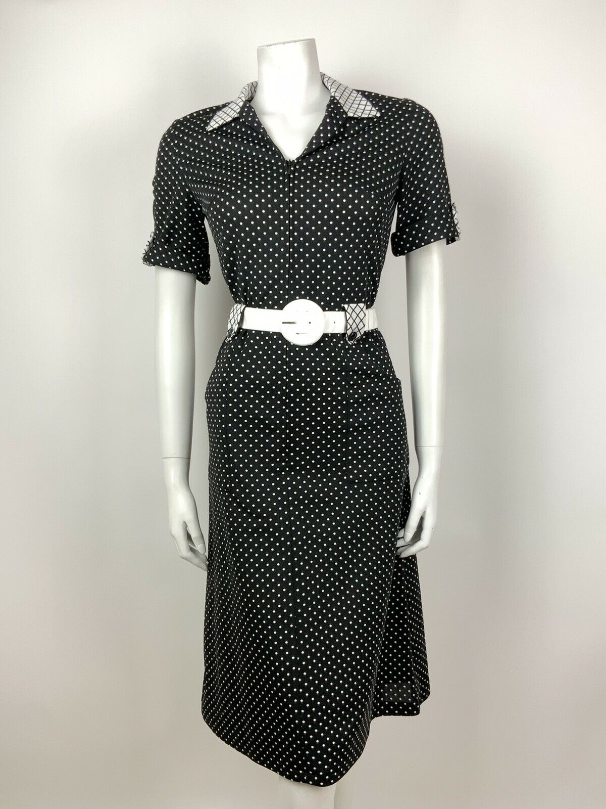 VINTAGE 60s 70s BLACK WHITE POLKA-DOT MOD BELTED MIDI WIGGLE DRESS 10 12