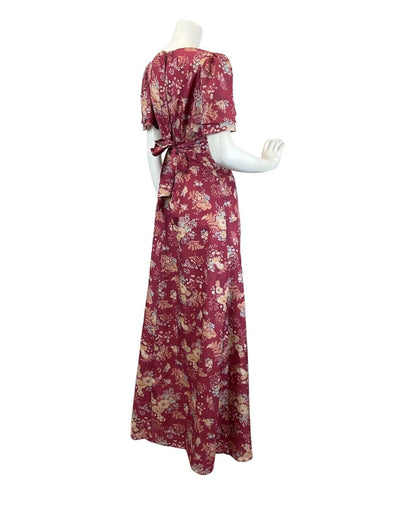 VINTAGE 60s 70s WINE RED CREAM BLUE FLORAL BOUQUET FLOATY MAXI DRESS 10