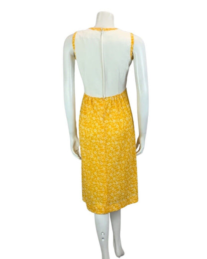 VTG MUSTARD YELLOW WHITE FLORAL PRINT TWO PIECE JACKET DRESS 60s 70s 10