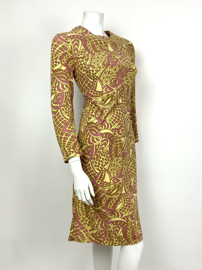 VINTAGE 60s 70s YELLOW PINK GOLD PSYCHEDELIC SWIRL EMPIRE LINE DRESS 12 14