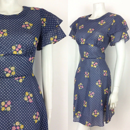 VINTAGE 60s 70s TEA DRESS POLKA DOT FLORAL RUFFLE BLUE WHITE PINK YELLOW 12