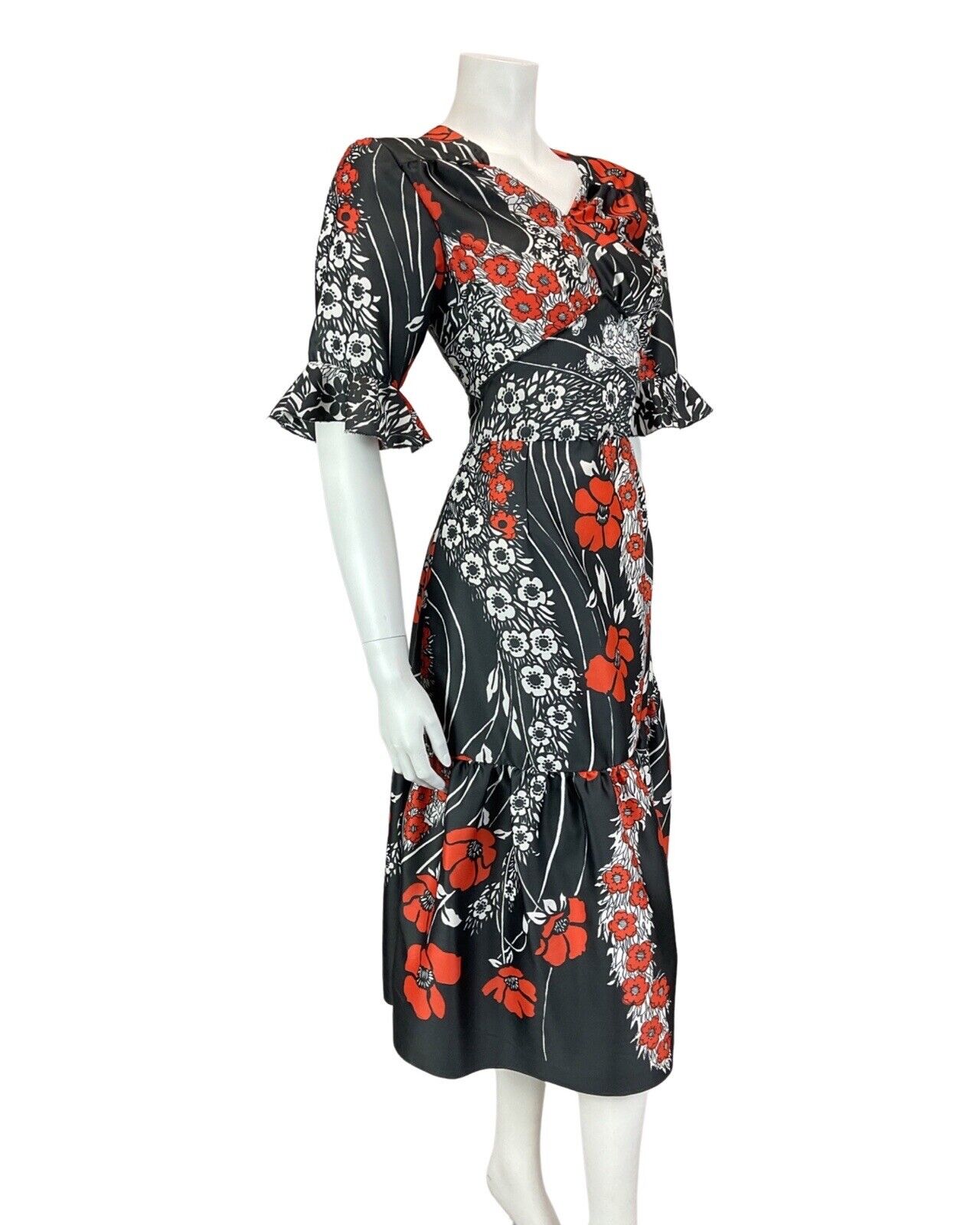 VINTAGE 60s 70s BLACK WHITE RED PSYCHEDELIC FLORAL RUFFLED SWING DRESS 10