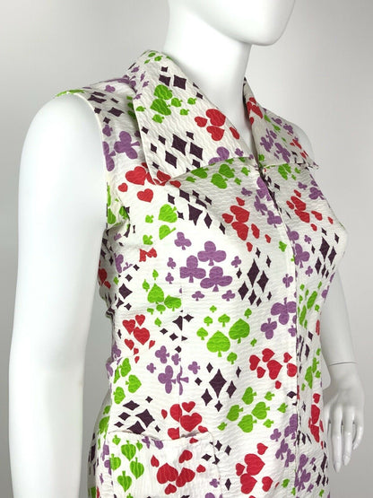 VTG 60s 70s WHITE RED GREEN PURPLE HEART SPADE CLUB DIAMOND MOD MINI DRESS 16