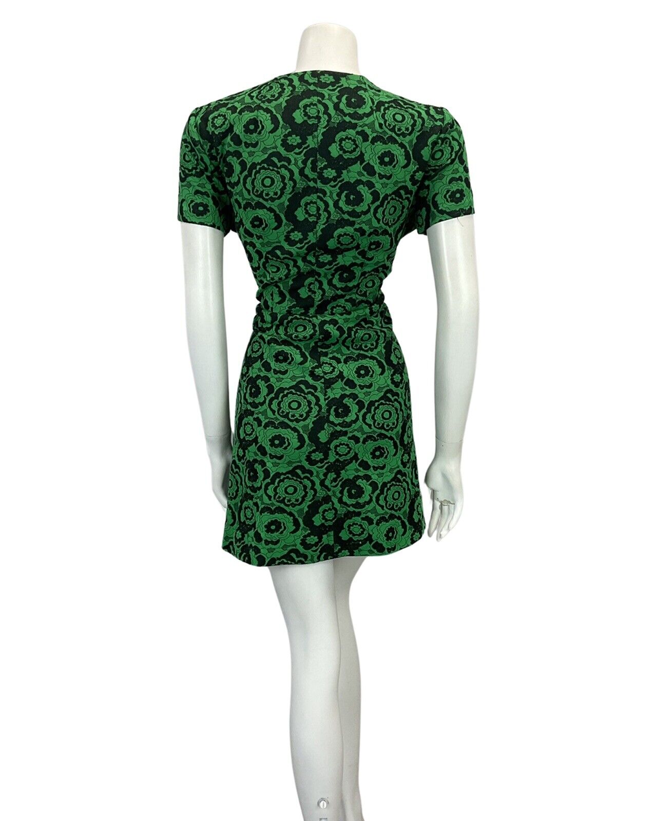 VINTAGE 60s 70s BLACK GREEN FLORAL PATTERN MINI MOD DRESS 16