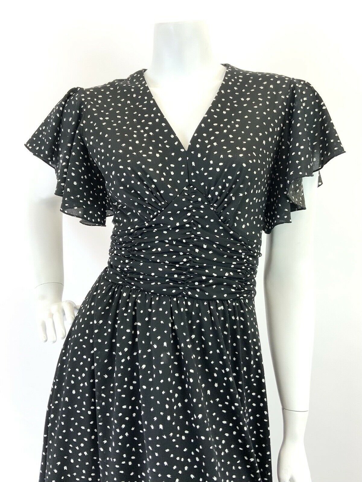 VINTAGE 60s 70s BLACK WHITE POLKA-DOT DASH RUFFLED FLARED SUMMER MAXI DRESS 8 10