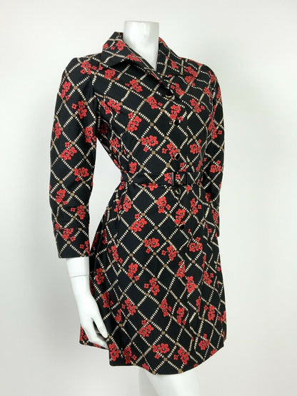 VTG 60s 70s BLACK WHITE BROWN RED GRID FLORAL POPPY WING COLLAR BELTED DRESS 12