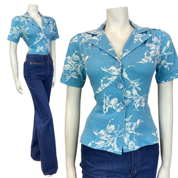 VINTAGE 60s 70s LIGHT BLUE WHITE FLORAL BELTED SHORT SLEEVE BLOUSE SHIRT 12 14