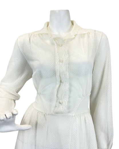 VINTAGE 60s 70s CREAM WHITE EMBROIDERED SHIRT PRAIRIE SHEER MAXI DRESS 10 12