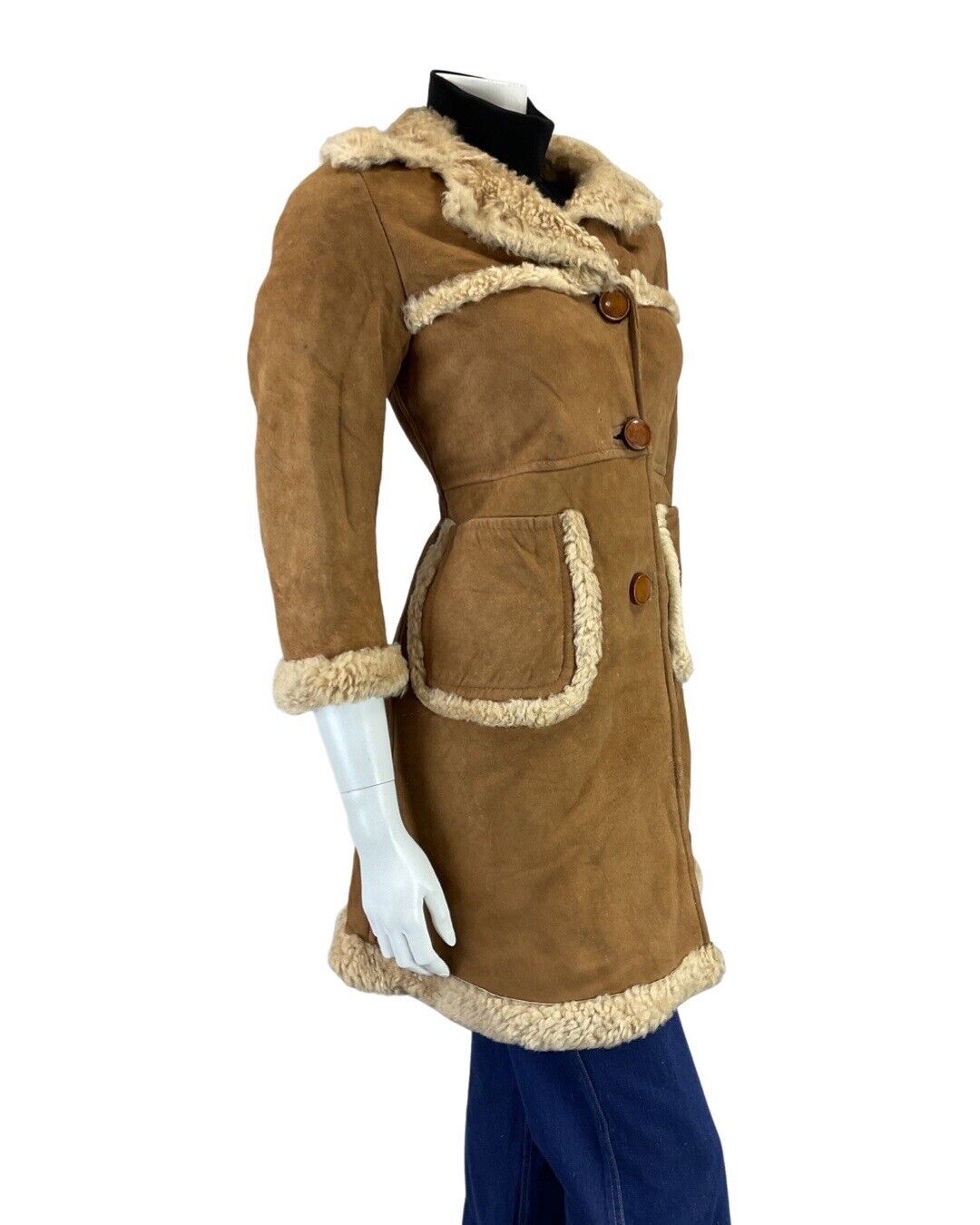 VINTAGE 60s 70s BROWN HONEY MOD SUEDE LEATHER SHEEPSKIN SHEARLING COAT 6