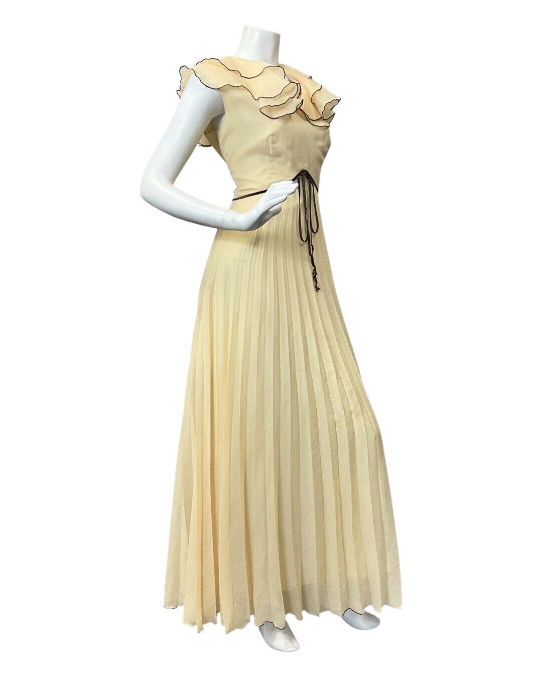 VINTAGE 60s 70s PALE YELLOW BROWN RUFFLED PLEATED ELEGANT GOWN MAXI DRESS 10 12