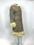 VTG 60s 70s SAND BEIGE CREAM SUEDE SHEARLING DOUBLE-BREASTED MOD HOODED COAT 12