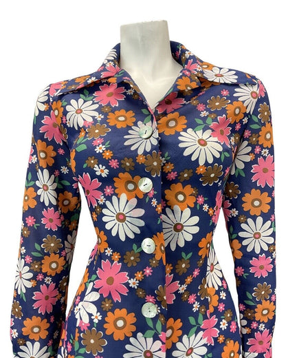 VINTAGE 60s 70s BLUE PINK ORANGE DAISY FLOWER POWER DAGGER SHIRT DRESS 10