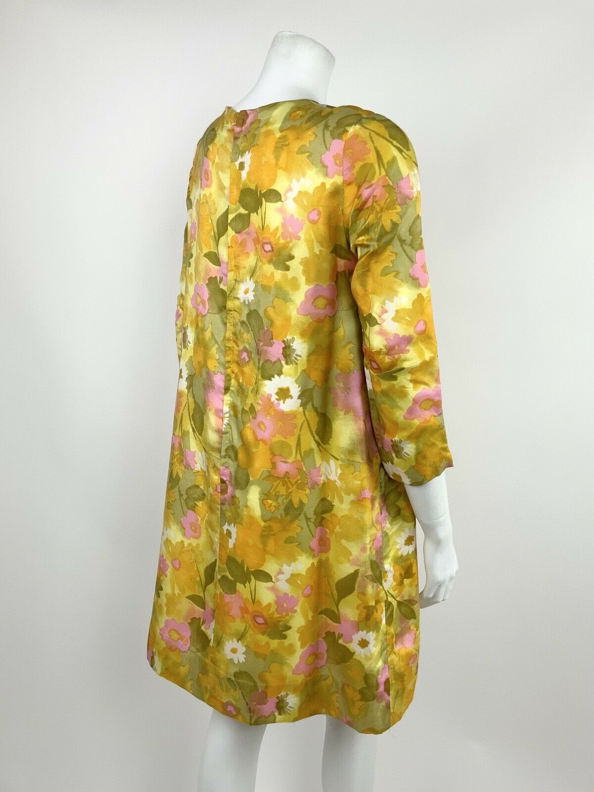 VINTAGE 60s 70s PSYCHEDELIC YELLOW GREEN PINK WHITE FLORAL SHIFT DRESS 12 14