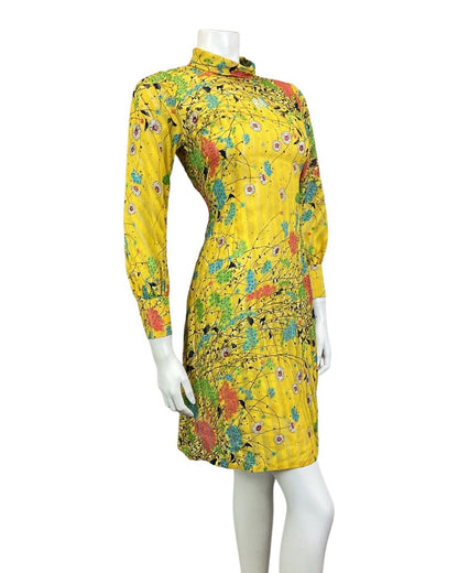 VINTAGE 60s 70s YELLOW BLUE PINK DAISY FLOWER PSYCHEDELIC SUMMER SHORT DRESS 8