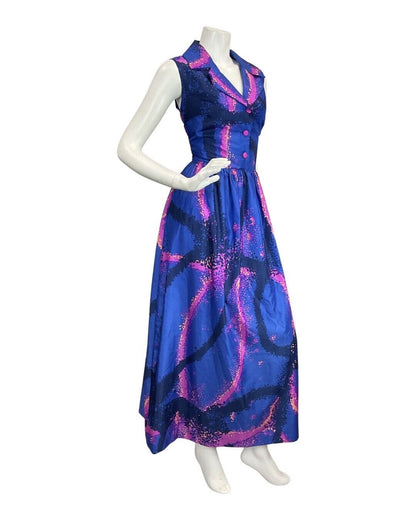 VINTAGE 60s 70s ROYAL BLUE PINK PSYCHEDELIC SPRAY PAINT MOD SHIRT MAXI DRESS 12