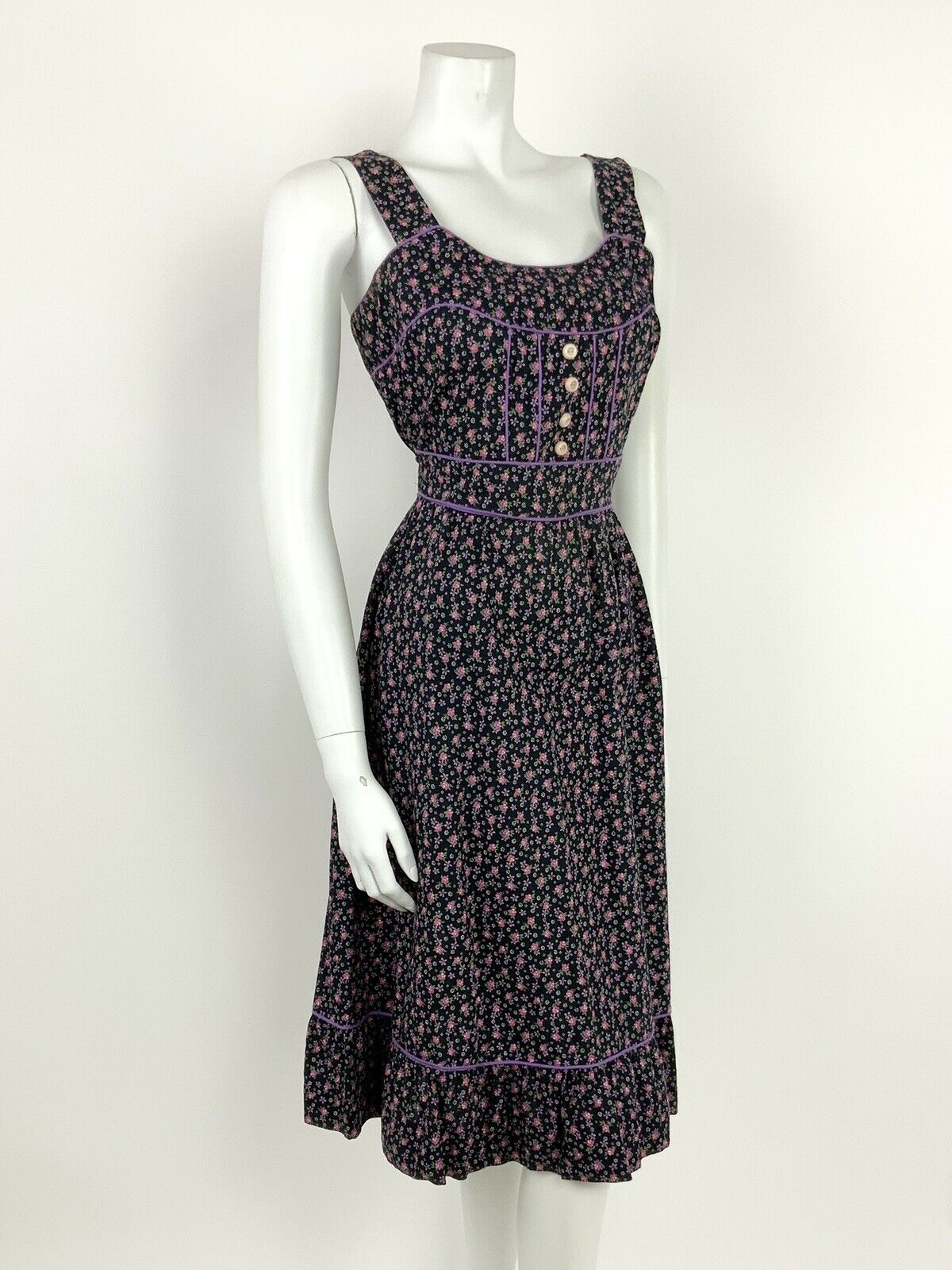 VTG 60s 70s BLACK PINK PURPLE WHITE GREEN FLORAL DITSY FOLK PRAIRIE DRESS 8 10