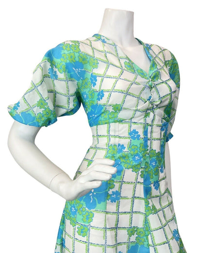 VINTAGE 60s 70s WHITE BLUE GREEN CHECKED FLORAL MOD MAXI DRESS 10 12