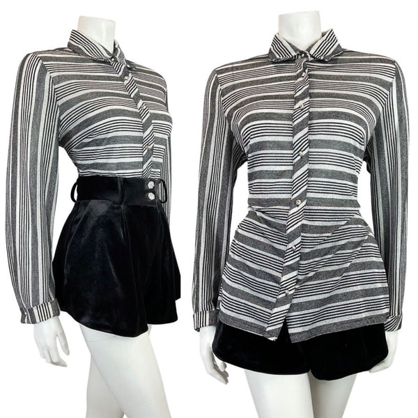 VINTAGE 60s 70s BLACK SILVER STRIPED MOD DAGGER COLLAR LUREX SHIRT 14 16