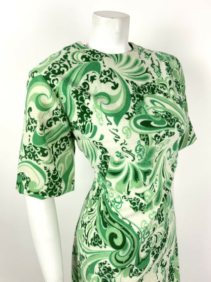 VTG 60s 70s FOREST GREEN CREAM SWIRL PSYCHEDELIC SCROLL SHIFT DRESS 14 16