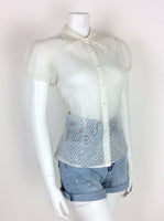 VINTAGE 60s 70s WHITE SHEER LACE MOD POINTED COLLAR SHIRT BLOUSE 12 14