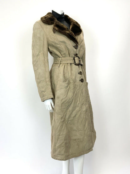 VTG 60s 70s SAND BEIGE BROWN SUEDE SHEARLING BELTED MOD PRINCESS COAT 14 16