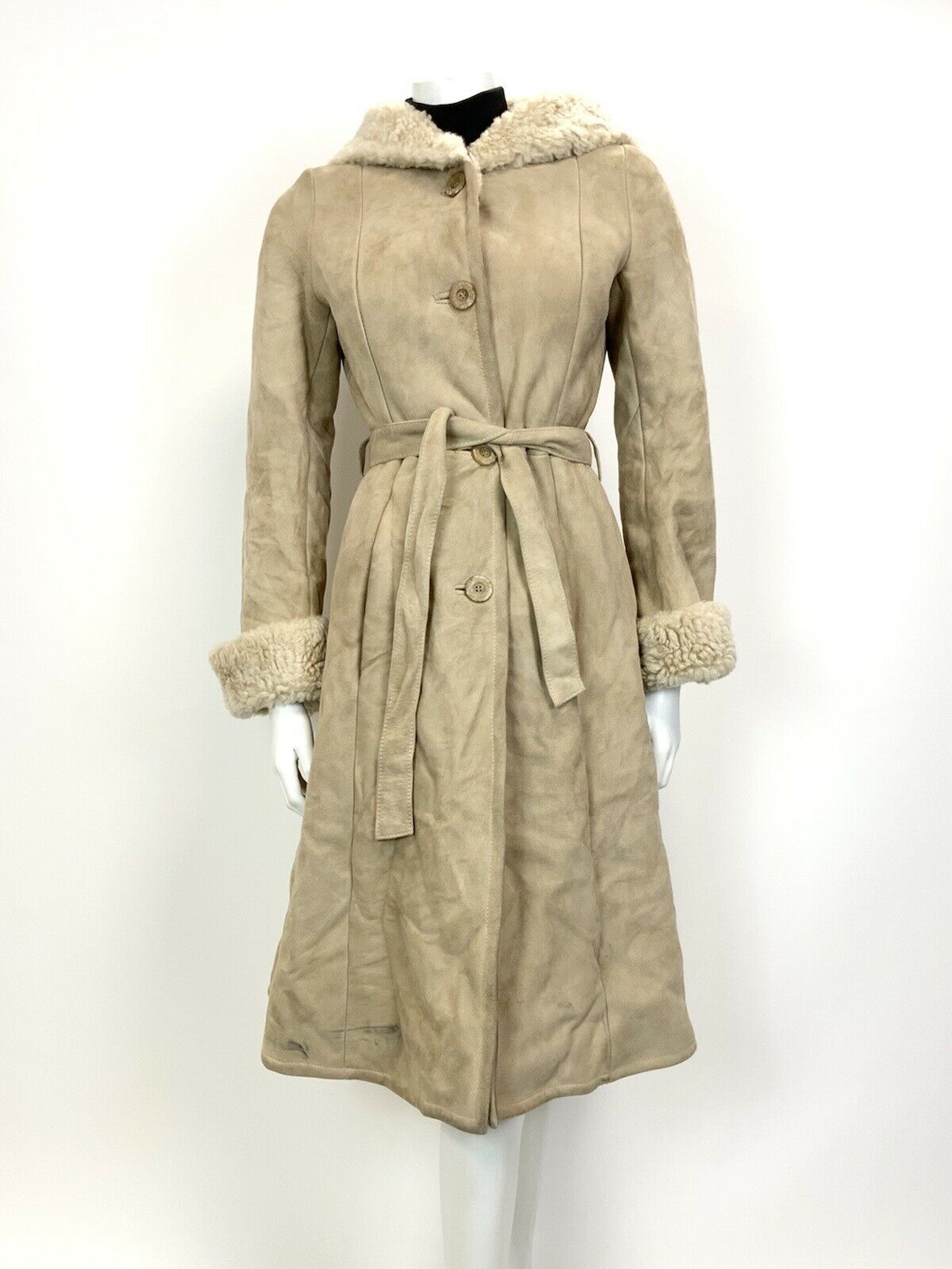 VTG 60s 70s SAND BEIGE SUEDE SHEARLING BELTED HOODED MOD BOHO PRINCESS COAT 8 10