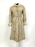 VTG 60s 70s SAND BEIGE SUEDE SHEARLING BELTED HOODED MOD BOHO PRINCESS COAT 8 10