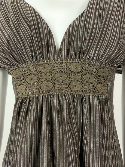 VINTAGE 60s 70s BROWN SILVER STRIPED CROCHETED CAPE SLEEVE SWING DRESS 6 8