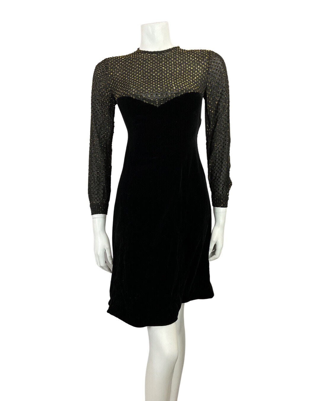 VINTAGE 60s 70s BLACK GOLD POLKA-DOT SHEER VELVET PARTY SHORT DRESS 8