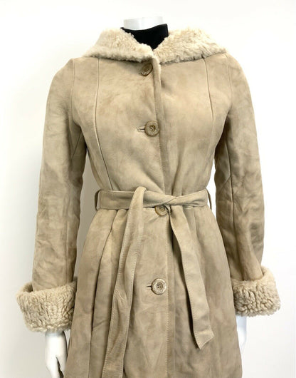 VTG 60s 70s SAND BEIGE SUEDE SHEARLING BELTED HOODED MOD BOHO PRINCESS COAT 8 10