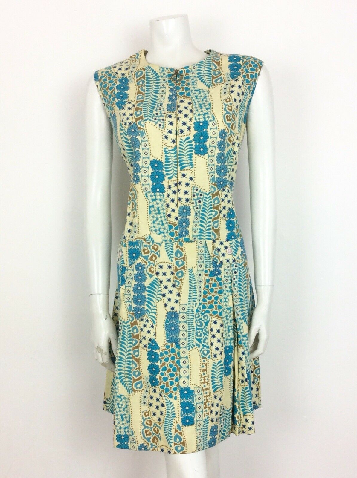 VINTAGE 60s 70s SHIFT DRESS ABSTRACT FLORAL PATCHWORK DITSY BLUE GOLD CREAM 14