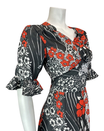 VINTAGE 60s 70s BLACK WHITE RED PSYCHEDELIC FLORAL RUFFLED SWING DRESS 10