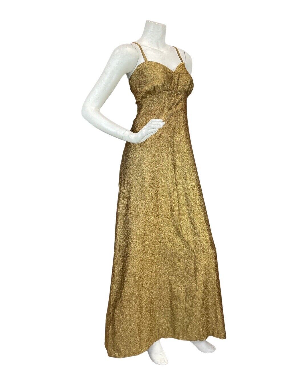 VINTAGE 60s 70s BRASSY GOLD GLITTER LUREX PARTY DISCO STRAPPY MAXI DRESS 12