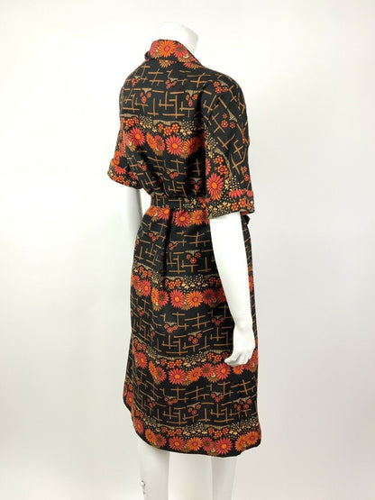 VINTAGE 60s 70s BLACK ORANGE RED BEIGE FLORAL DAISY BELTED SHIRT DRESS 12 14