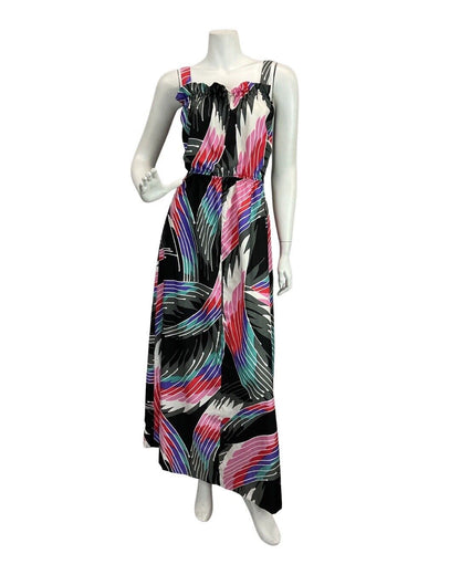 VINTAGE 60s 70s BLACK PINK GREY GEOMETRIC STRIPED MOD STRAPPY MAXI DRESS 6 8