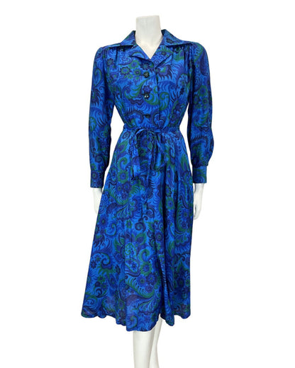 VINTAGE 60s 70s BLUE GREEN PSYCHEDELIC FLORAL FEATHER MOD SILK SHIRT DRESS 8 10