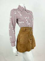 VINTAGE 60s 70s WHITE RED BLACK GEOMETRIC CHECKERBOARD MOD DAGGER BLOUSE 10 12