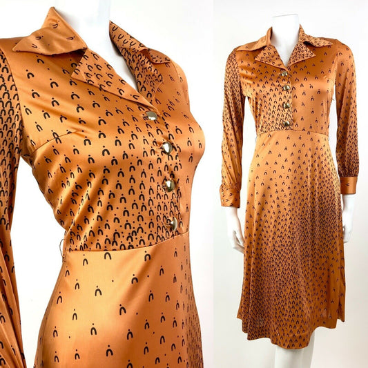 VINTAGE 60s 70s ORANGE BRONZE BLACK GEOMETRIC MOD DAGGER SHIRT DRESS 8 10