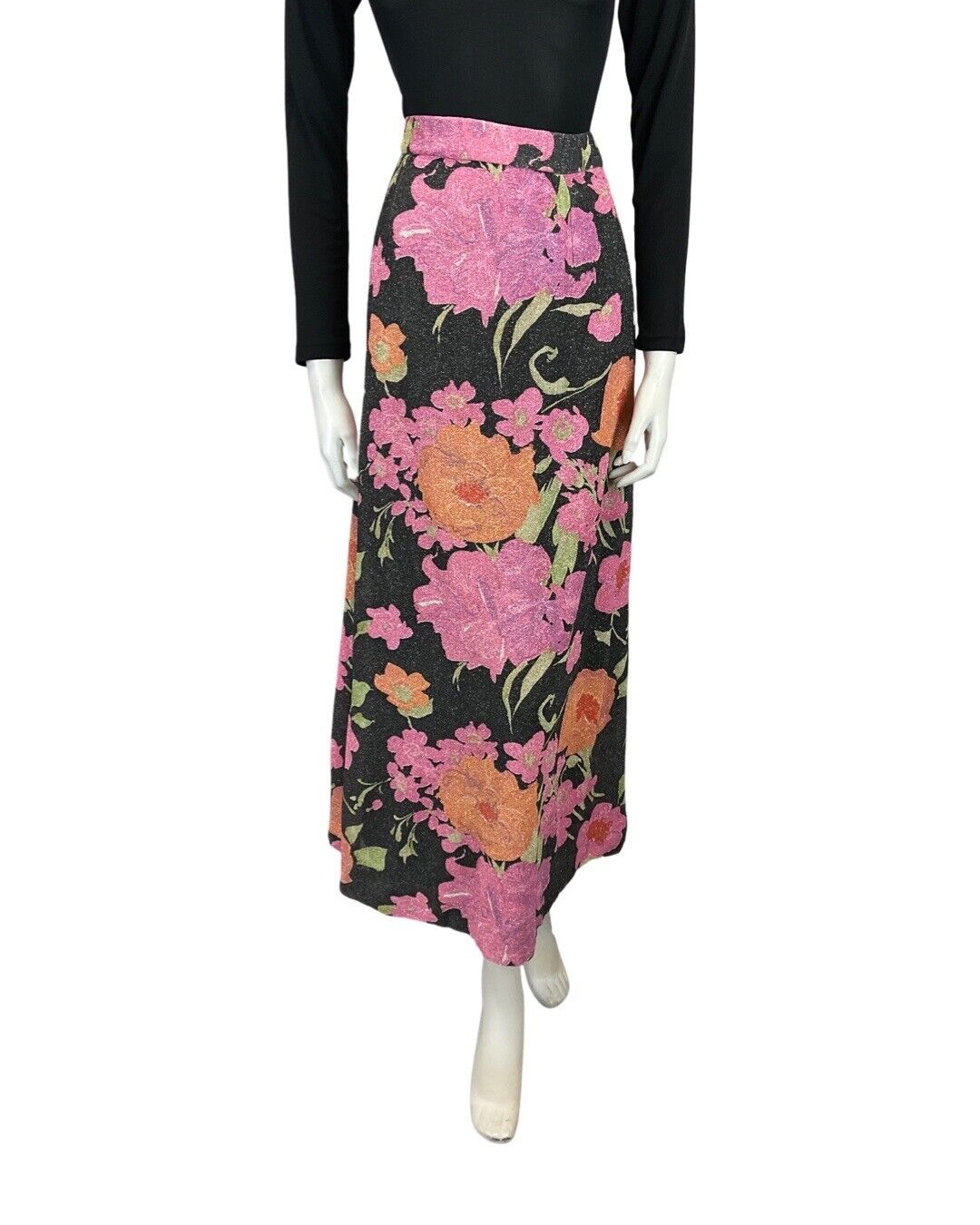 VINTAGE 60s 70s BLACK PINK ORANGE FLORAL PSYCHEDELIC LUREX MAXI SKIRT 12