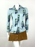 VTG 60s 70s DENIM BLUE GREEN ART DECO 20S FIGURE DOVE VINE DAGGER BLOUSE 10 12