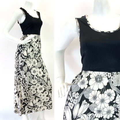 VINTAGE 60s 70s BLACK WHITE FLORAL PSYCHEDELIC MOD SLEEVELESS MAXI DRESS 8 10