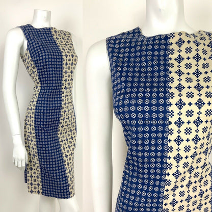 VINTAGE 60s 70s NAVY BLUE CREAM WHITE FLORAL ABSTRACT SHEATH DRESS 10 12