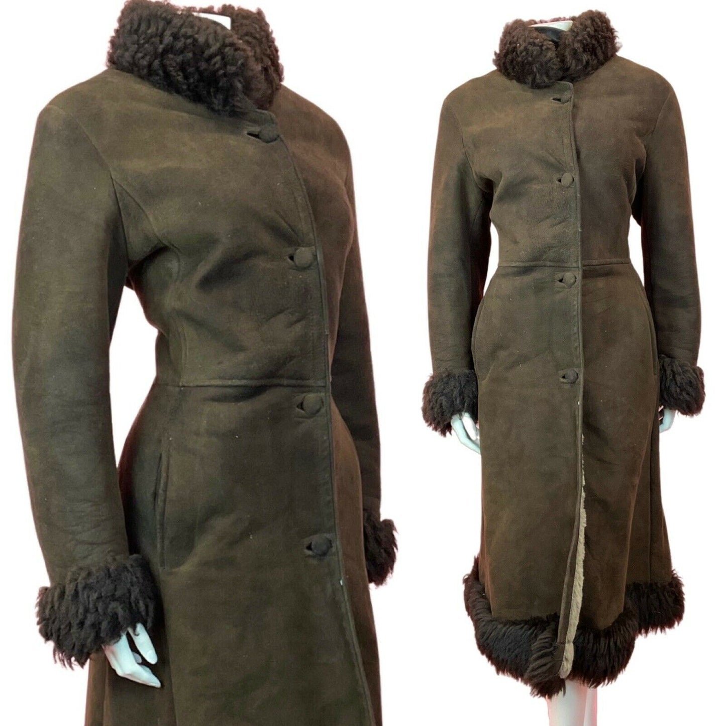 VINTAGE 60s 70s DARK BROWN SUEDE LEATHER SHEARLING LONG COAT 12 14