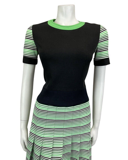 VINTAGE 60s 70s BLACK GREEN WHITE STRIPED PLEATED MIDI MOD DRESS 12